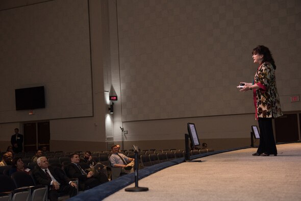 Cara Aghajanian, Air Force Language, Regional Expertise and Culture Program director, speaks during the LREC Symposium, March 29, 2019, Maxwell Air Force Base, Alabama. Aghajanian’s session was titled “The View from the Tower of Babel: A retrospective and Look Ahead in the Air Force LREC Program. (U.S. Air Force photo by Senior Airman Alexa Culbert)