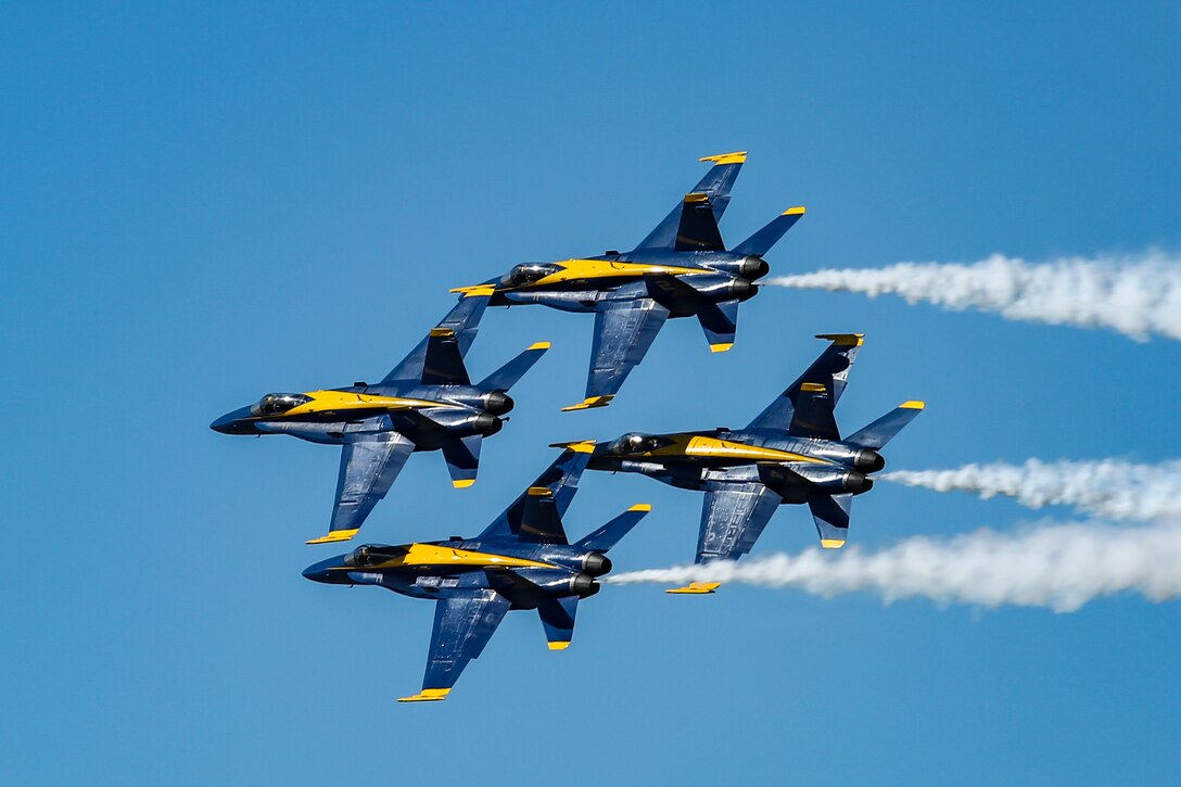 The U.S. Navy flight demonstration team, the Blue Angels, perform during the 2019 Marine Corps Air Station Beaufort Air Show. MCAS Beaufort hosts the air show in order to bring the community together and demonstrate U.S. Marine Corps Aviation Combat Element and Marine Air-Ground Task Force capabilities. (U.S. Marine Corps photo by Cpl. Ashley Phillips)