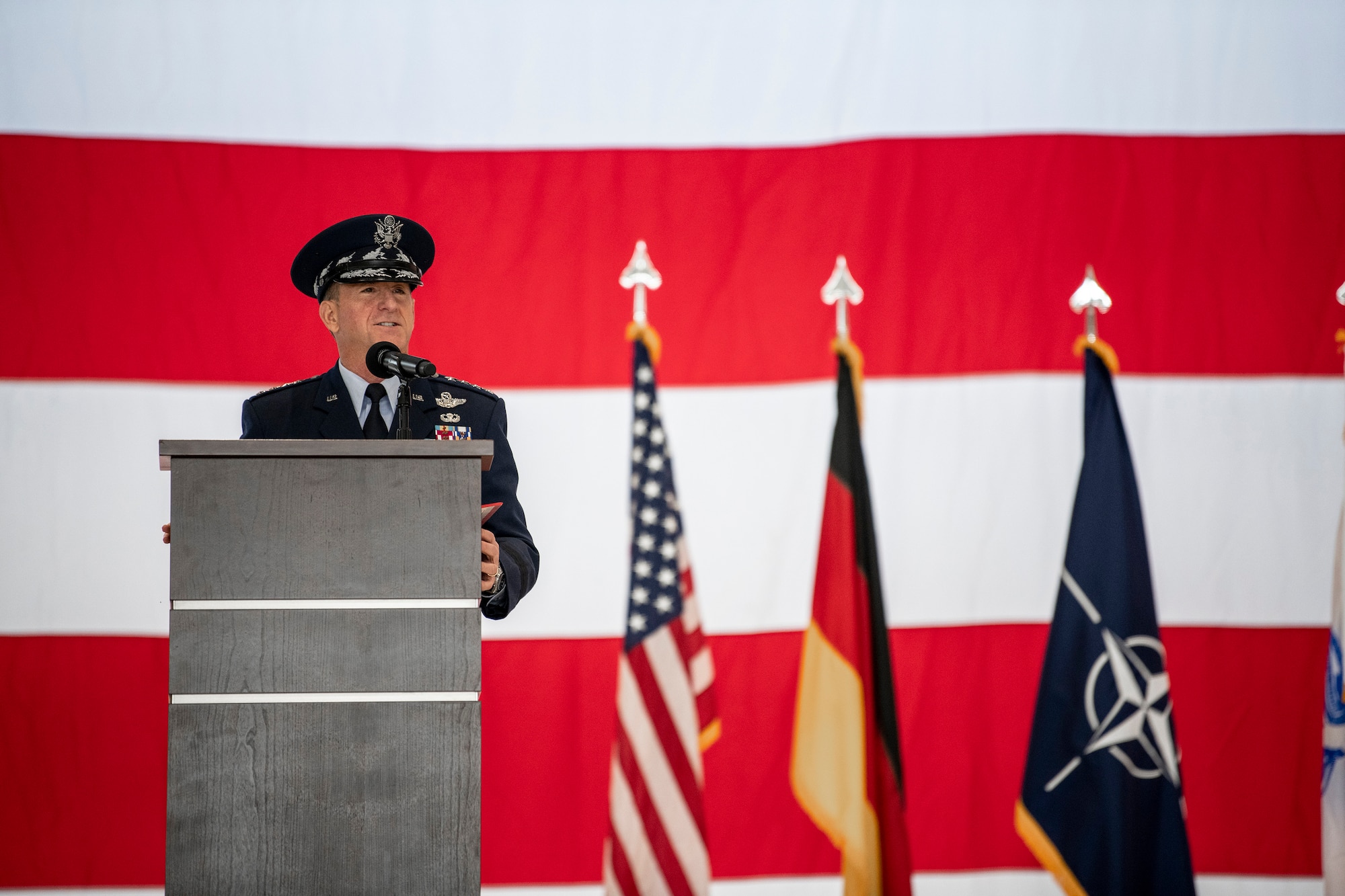 Gen Goldfein gives remarks during the change of command ceremony for U.S. Air Forces in Europe Air Forces Africa.