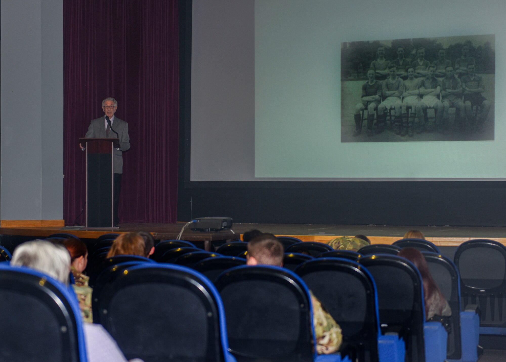 Holocaust survivor Ernest Simon speaks to Airmen at RAF Mildenhall, England, April 30, 2019. Simon was born in Austria in 1930 and fled to England in 1939 to escape the Nazis. (U.S. Air Force photo by Airman 1st Class Joseph Barron)