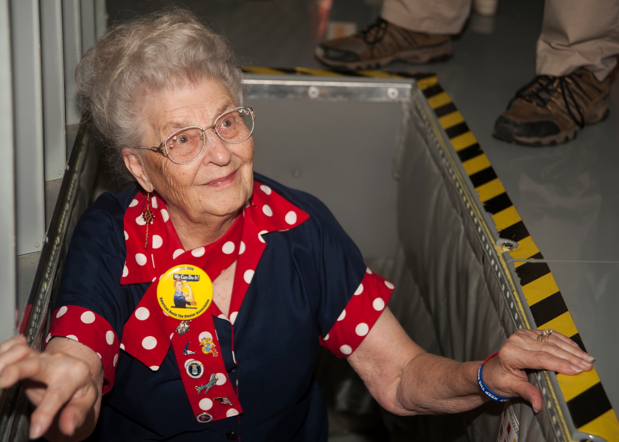 Mae Krier, an original “Rosie the Riveter” who helped build B-17s and B-29s during WWII, comes up from the boom pod in a KC-135 Stratotanker while on a tour at the 459th Air Refueling Wing at Joint Base Andrews, Md., April 30, 2019. Krier led a successful campaign for National Rosie the Riveter Day which led to a unanimous Congressional approval in 2017. It is now observed during Women’s History Month on March 21. (U.S. Air Force photo by Staff Sgt. Cierra Presentado)