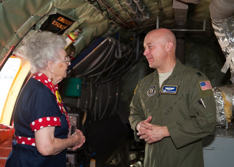 Mae Krier, an original “Rosie the Riveter” who helped build B-17s and B-29s during WWII, speaks to Lt. Col Brian Fisher, 756th Air Refueling Squadron commander, while on a tour at the 459th Air Refueling Wing at Joint Base Andrews, Md., April 30, 2019. Krier led a successful campaign for National Rosie the Riveter Day which led to a unanimous Congressional approval in 2017. It is now observed during Women’s History Month on March 21. (U.S. Air Force photo by Staff Sgt. Cierra Presentado)