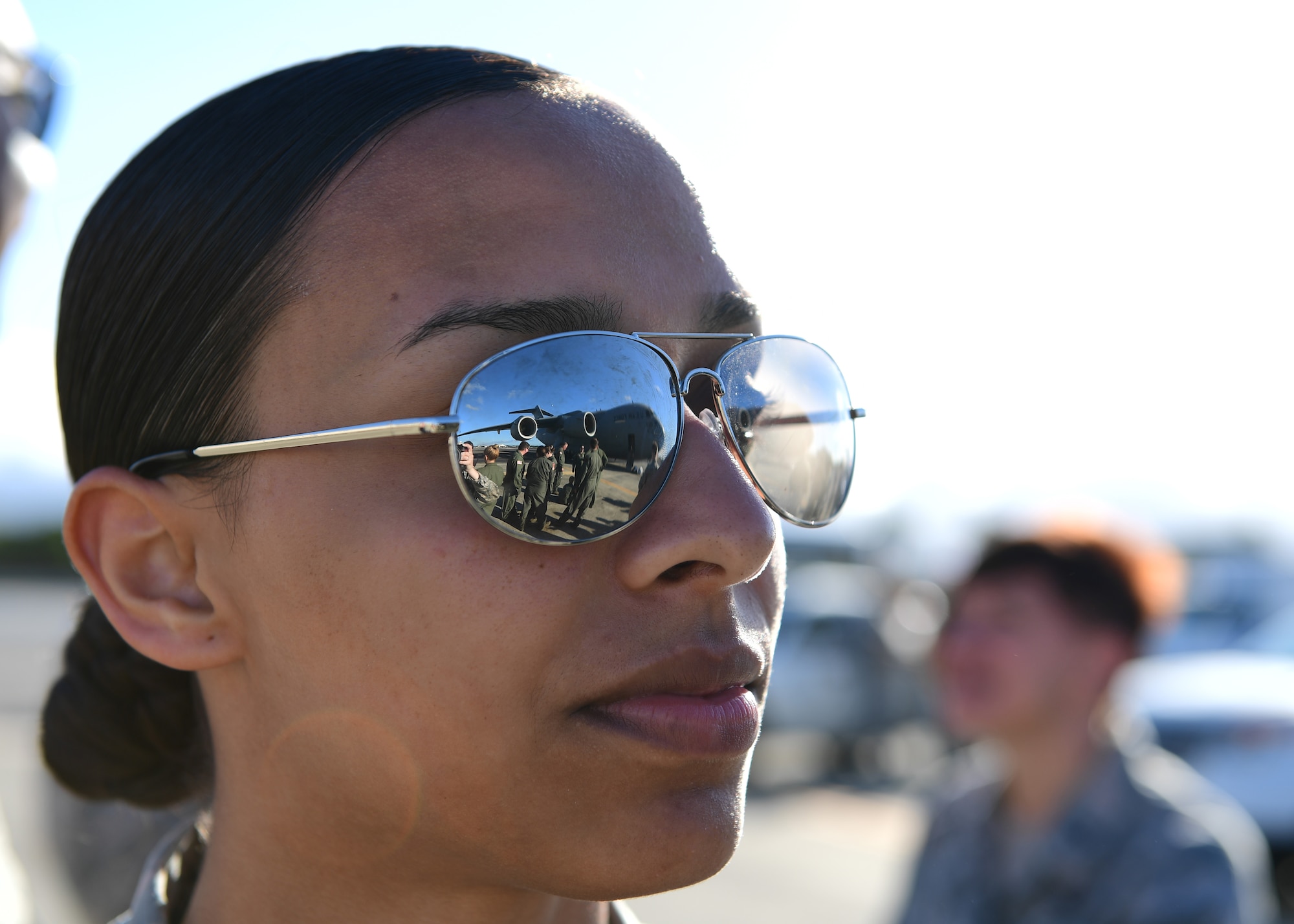 Staff Sgt. Kelsey Watson, 911th Aeromedical Evacuation Squadron duty controller, watches the C-17 Globemaster III taxi in at Pearl Harbor- Hickam Joint Base, Hawaii April 25, 2019. The C-17 just happened to be one from the 911th Airlift Wing coming back from a mission to Kadena Air Base, Japan.(U.S. Air Force Photo by Senior Airman Grace Thomson)