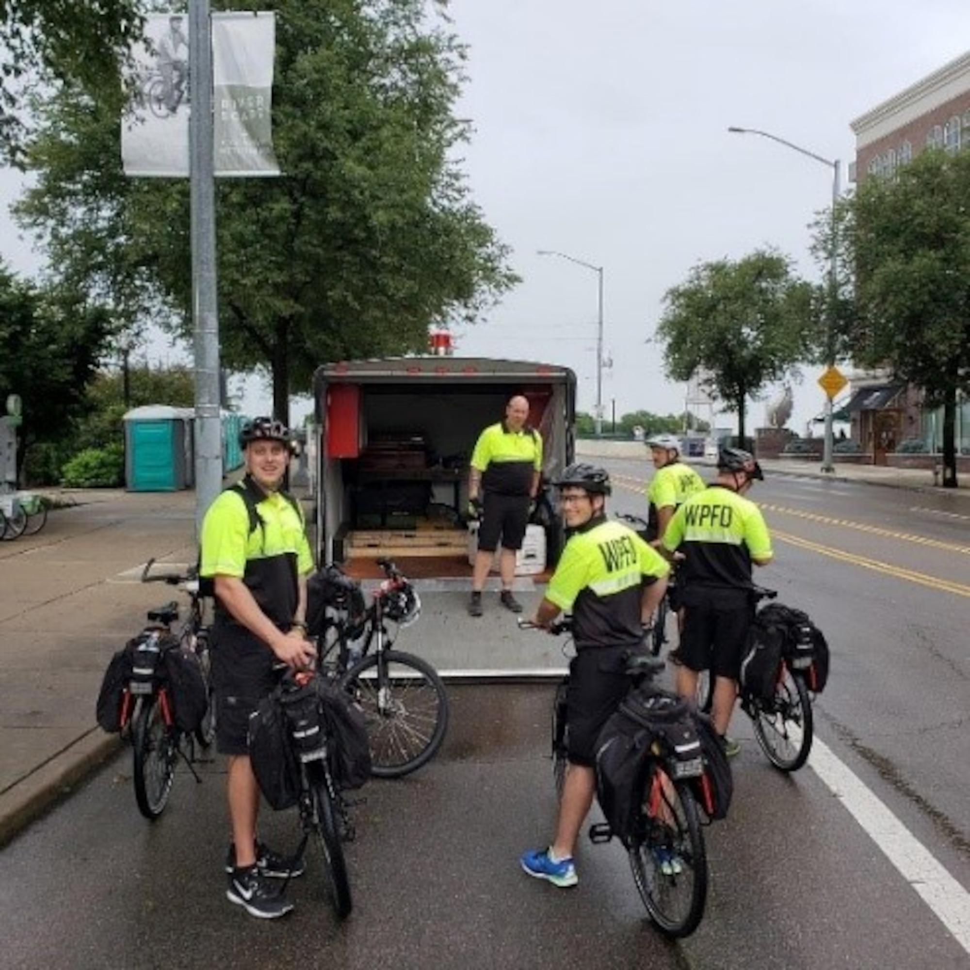 Paul Malleck, Bryan Weeks, Blake Emmert, Abram Berry,
and Tim Howells, members of the Wright-Patterson Air Force Base Fire Department's Emergency Services Bike Team, at the 2018 4th of July celebration in downtown Dayton. (Courtesy photo)