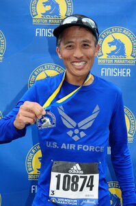 Lt. Col. (Dr.) Trevor Lim, 59th Medical Wing Radiation Oncology chief, poses for a photo after completing the 2019 Boston Marathon, April 15 in Boston, Massachusetts. Lim completed the race in the top 28 percent of overall finishers with a run time of 3:24:49.
