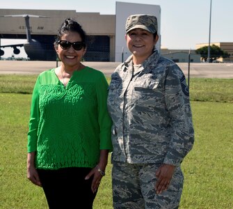 Senior Master Sgt. Carol A. Allen (right), 433rd Force Support Squadron Sustainment Flight superintendent, takes a moment with her sister, Yvonne Hernandez at Joint Base San Antonio-Lackland April 26.