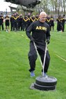 New York Army National Guard Command Sgt. Maj. David Piwowarski, the New York Army National Guard command sergeant major, drags a weighted sled for 50 meters during the sprint, drag, carry event for the Army Combat Test on April 27, 2019 at the Division of Military and Naval Affairs in Latham, N.Y.