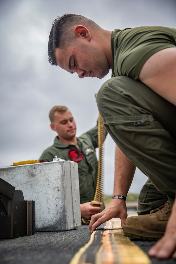 U.S. Marine Corps Cpl. Connor D’onofrio, an aircraft ordnance technician with Marine Light Attack Helicopter Training Squadron 303, Marine Aircraft Group 39, 3rd Marine Aircraft Wing, counts ammunition during an aircraft ordnance load at Marine Corps Air Station Camp Pendleton, California, April 30, 2019. Ordnance loads are conducted regularly to support the required weapon qualifications and training of aircraft crew members and crew chiefs on the various ranges aboard Marine Corps Base Camp Pendleton. (U.S. Marine Corps photo by Cpl. Dylan Chagnon)