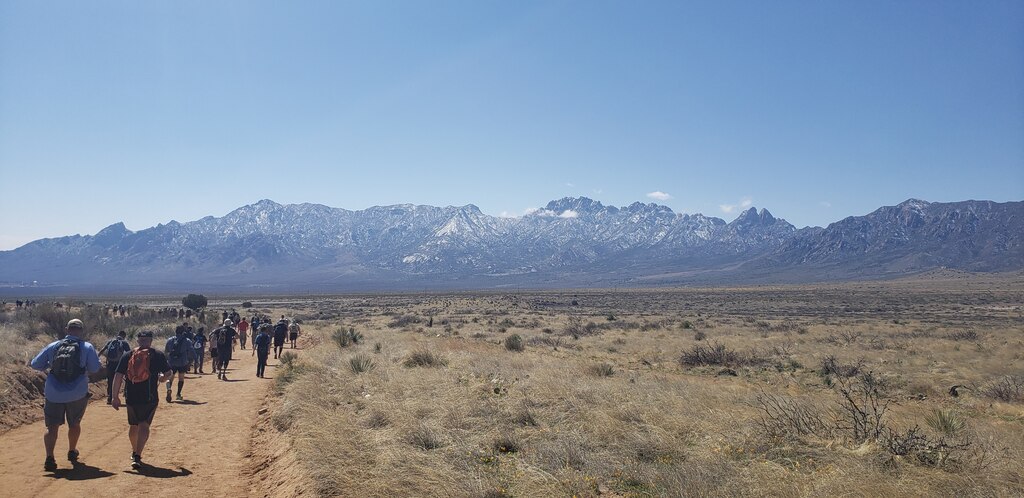 Mountains can be seen as the team marches, March 17, 2019.