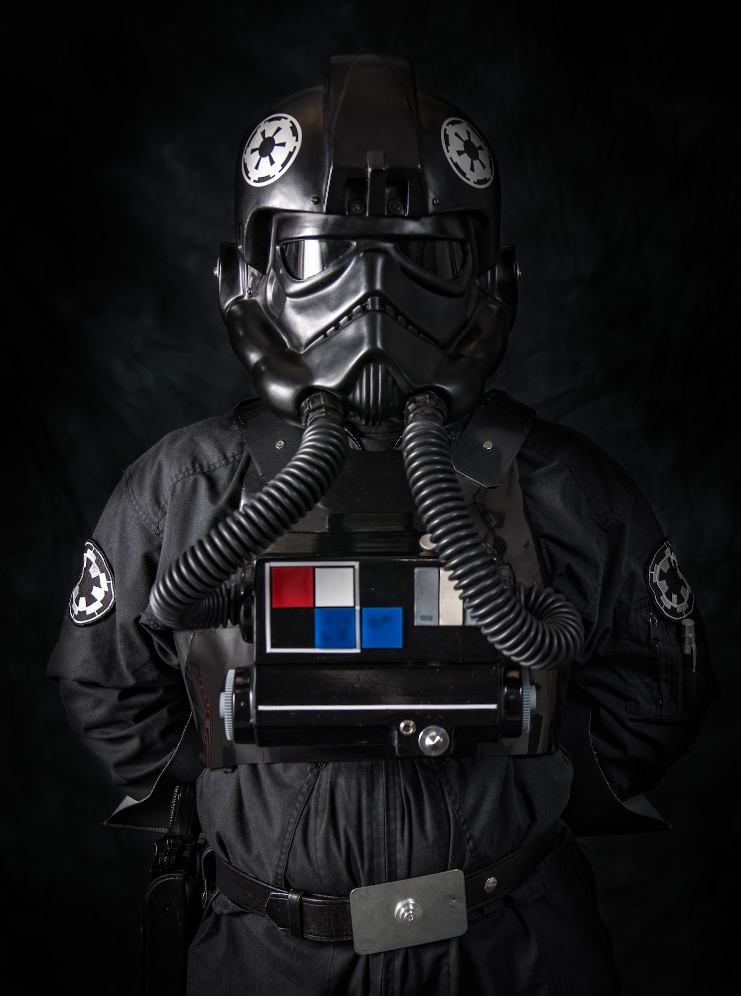 Tech. Sgt. Chris Fagan poses for a portrait in his Star Wars Tie Fighter Pilot costume