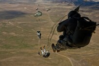 U.S. Army soldier from the Utah Army National Guard, conduct a static-airborne operation over the drop zone, Global One, Fairfield, Utah on March 15, 2012.