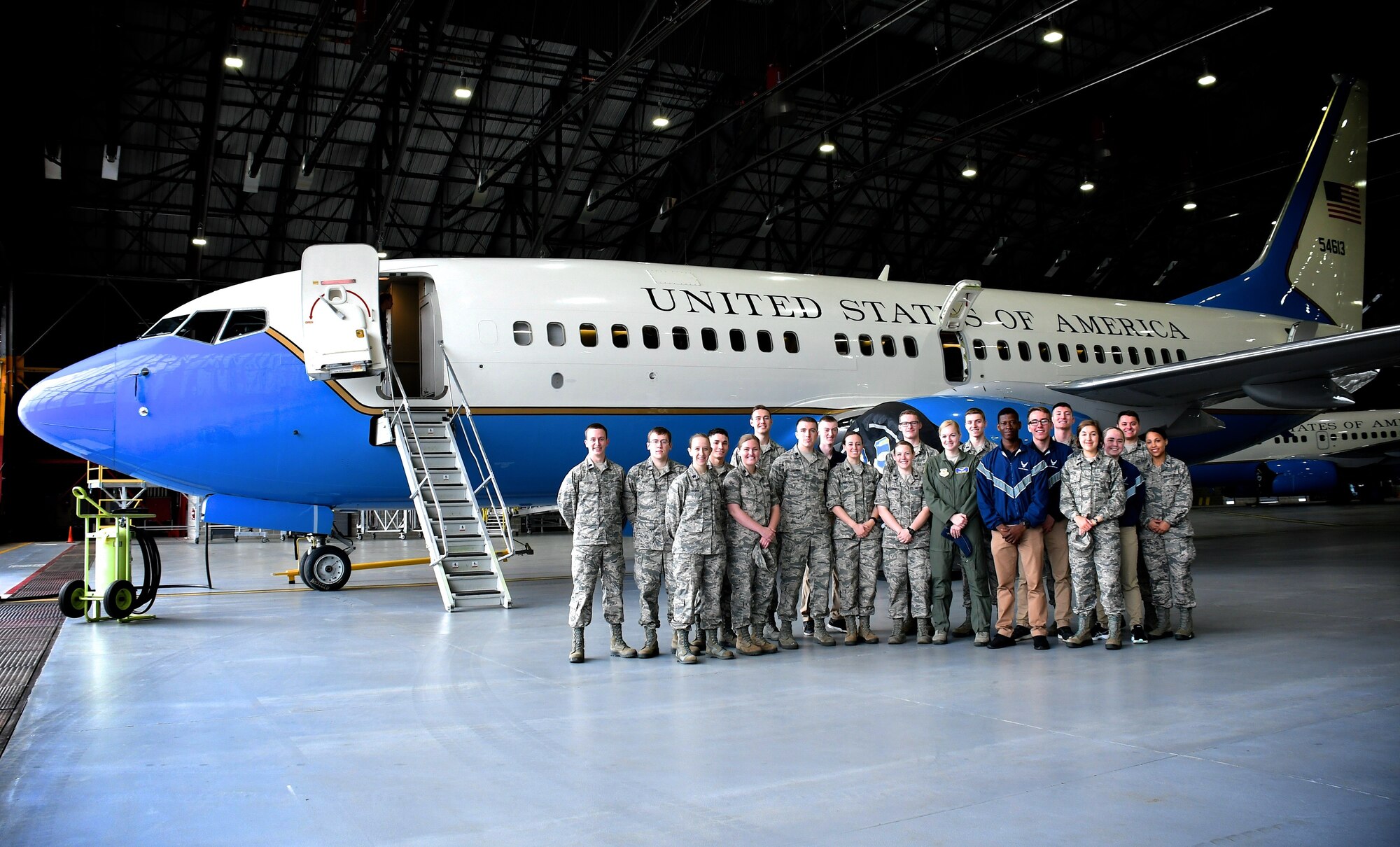 The 932nd Airlift Wing public affairs shop provided a portion of a base tour and glimpse of military life to various college ROTC cadets, including a stop at this wing C-40C in the hangar May 1, 2019, where maintainers showed off the cockpit while flight attendants gave the students a look at the back of the plane's galley area. The Reserve Officer Training Corps (ROTC) is a college program offered at more than 1,700 colleges and universities across the United States, that prepares young adults to become officers in the military.  The cadets learned that 932nd Airlift Wing members from four main groups help support the flying mission of the wing which includes four of the C-40C aircraft at Scott Air Force Base, Illinois.  The ROTC students asked many questions and got a close up look at today's Air Force Reserve "Citizen Airmen" in action.  (U.S. Air Force photo by Lt. Col. Stan Paregien)