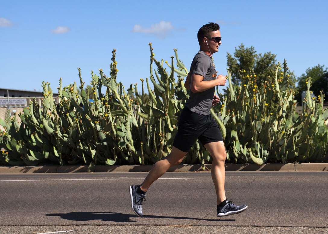 An Airman runs during the Cajun Remembrance Run April 30, 2019, at Luke Air Force Base, Ariz.