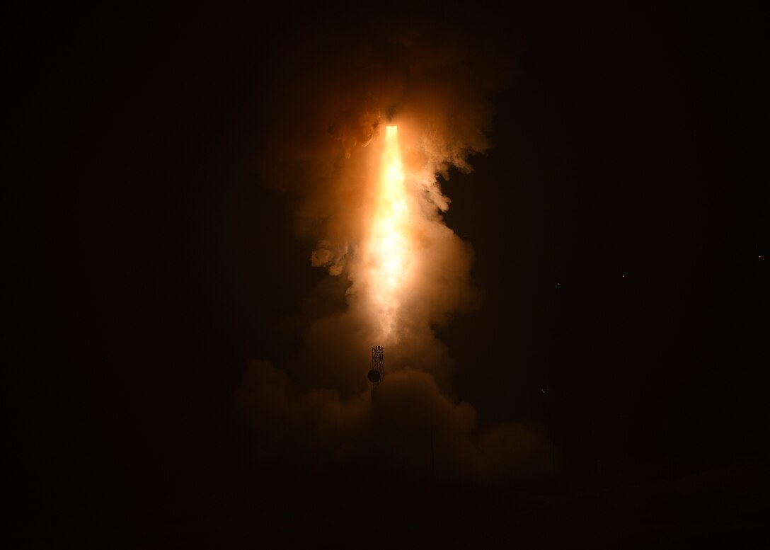An unarmed Minuteman III intercontinental ballistic missile launches during an operational test at 2:42 A.M. Pacific Time May 1, 2019, at Vandenberg Air Force Base, Calif. (U.S. Air Force photo by Staff Sgt. Brittany E. N. Murphy)
