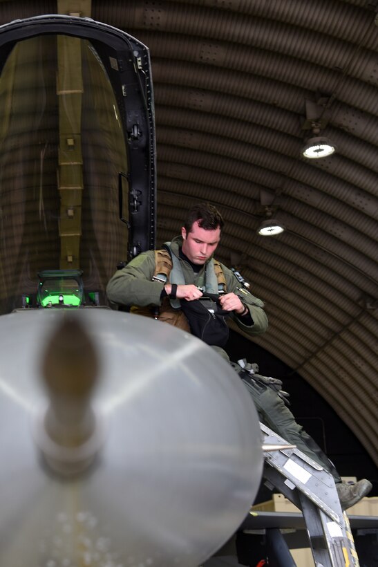 U.S. Air Force 1st Lt. Thomas Gray, 35th Fighter Squadron pilot, prepares for his flight at Kunsan Air Base, Republic of Korea, April 24, 2019. Gray flew in an F-16 Fighting Falcon which is a high-performance weapons system that has flown thousands of sorties in support of operations across the globe. (U.S. Air Force photo by Staff Sgt. Joshua Edwards