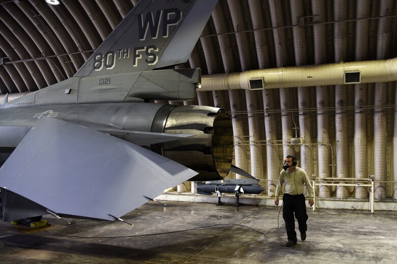 U.S. Air Force Senior Airman Jacob Davignon, 35th Air Maintenance Unit assistant dedicated crew chief, inspects an F-16 Fighting Falcon prior to flight at Kunsan Air Base, Republic of Korea, April 24, 2019. The 35th AMU is responsible for the repairs to the 35th Fighter Squadron’s F-16 and occasionally the 80th Fighter Squadron’s aircraft. (U.S. Air Force photo by Staff Sgt. Joshua Edwards)