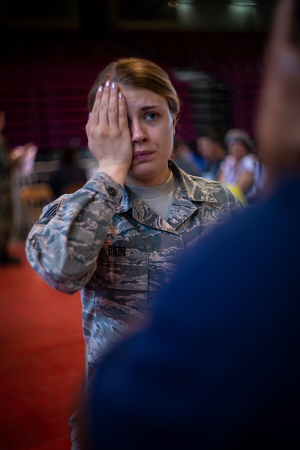 Air Force Staff Sgt. Kassandra J. Bain, an aerospace medical technician with 185th Medical Group, 185th Air Refueling Wing, provides optometry care at Ponce, Puerto Rico, April 27, 2019, during Innovative Readiness Training Puerto Rico. The purpose of the Innovative Readiness Training Puerto Rico is to provide dental, optometry and medical care to the community while performing joint military humanitarian operations. Marine Forces Reserve is participating in IRT Puerto Rico 2019 in order to maintain military readiness while strengthening alliances with partners. (U.S. Marine Corps photo by Sgt. Andy O. Martinez)
