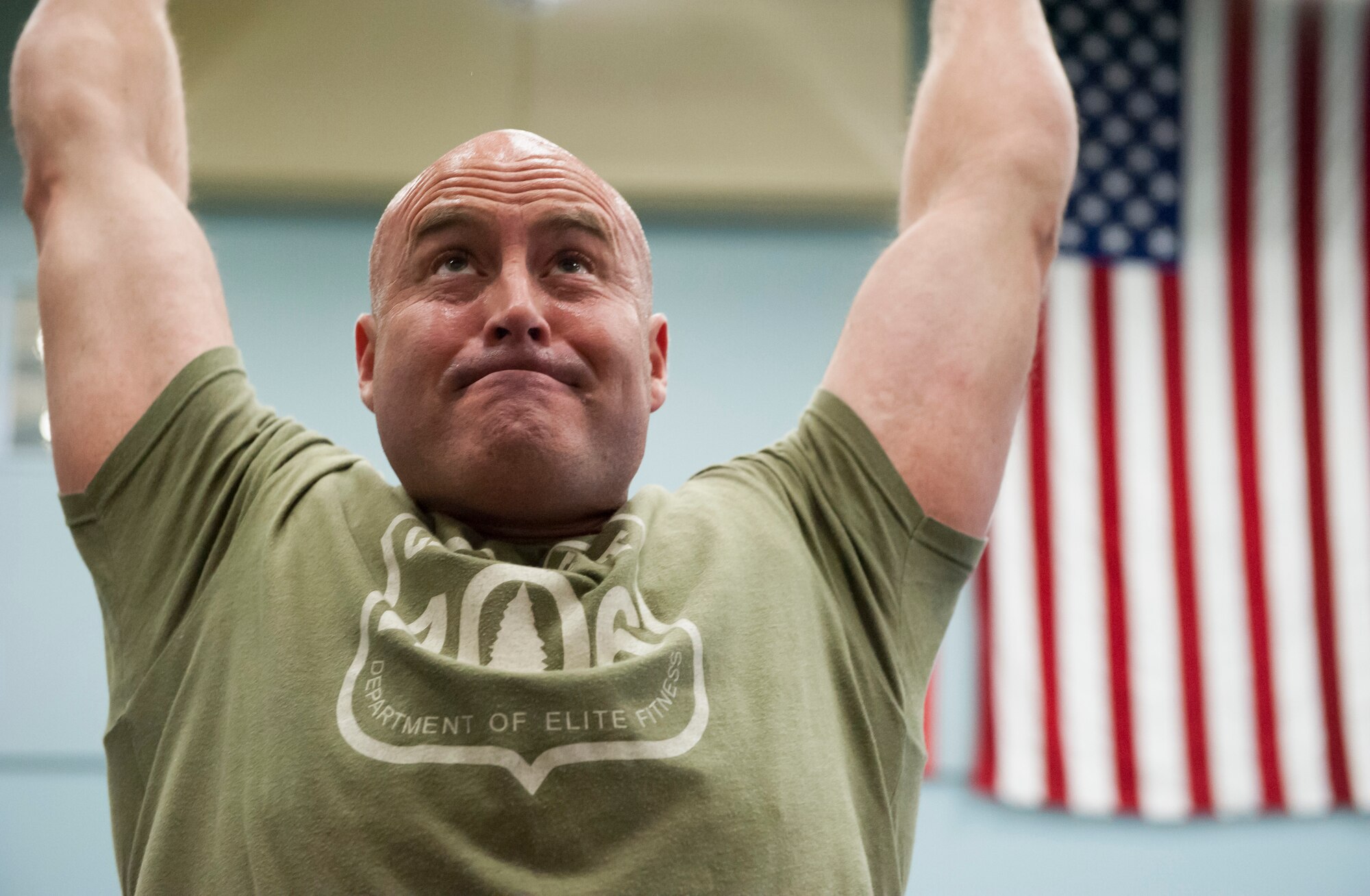 Scott Johns, 341st Civil Engineering Squadron fire fighter, does a pull-up during a “Wing One” fitness class April 29, 2019, at Malmstrom Air Force Base, Mont.