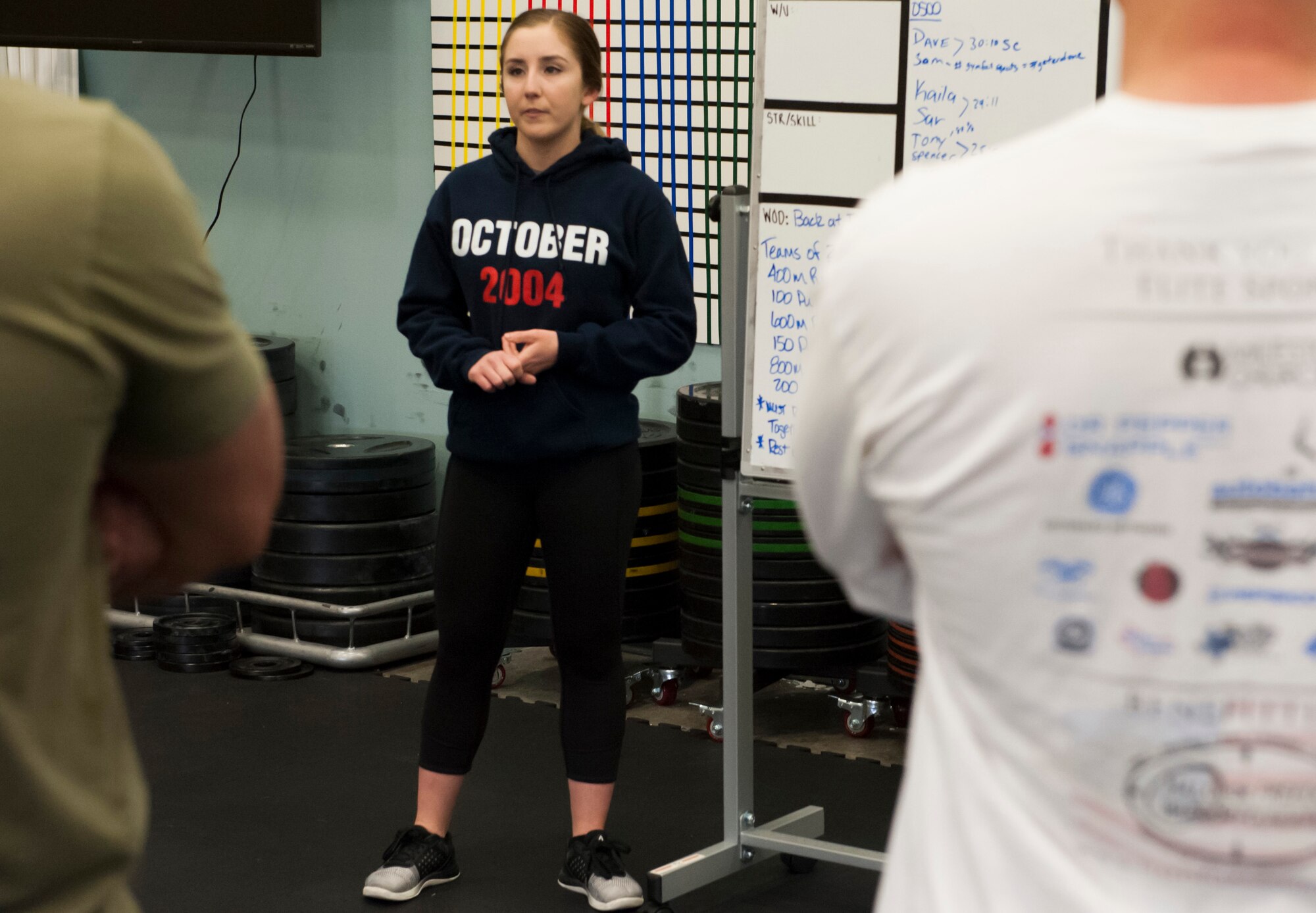 Airman First Class Amanda Blair, 341st Force Support Squadron missile chef gives instructions before the start of an exercise class April 29, 2019, at Malmstrom Air Force Base, Mont.
