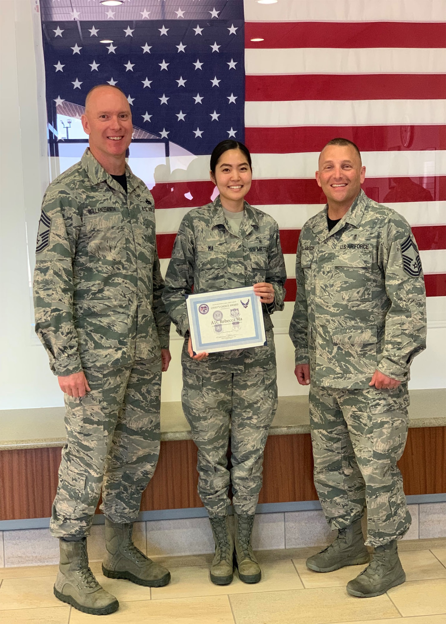 PETERSON AIR FORCE BASE, Colo. – Airman 1st Class Rebecca Ma was recognized as the Colorado Springs Area Chief’s Group Chief’s Choice award winner for March 2019, on Peterson Air Force Base, Colorado. Ma was chosen because of the impeccable customer service she provides in the 21st Medical Support Squadron’s military records section. (Courtesy photo)