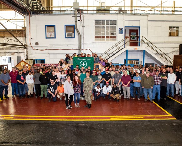 The Norfolk Naval Shipyard (NNSY) Annual Safety Flag Award is given to those whose overall commitment to and improvements in safety stand out above the rest. It encompasses lowering injury rates, and involvement from employees all the way to leadership. For 2018, the winner showed all these traits and an outstanding commitment to a safe and healthful workplace – Code 960’s (Pipefitting Division) Shop 56 (Pipe Shop).