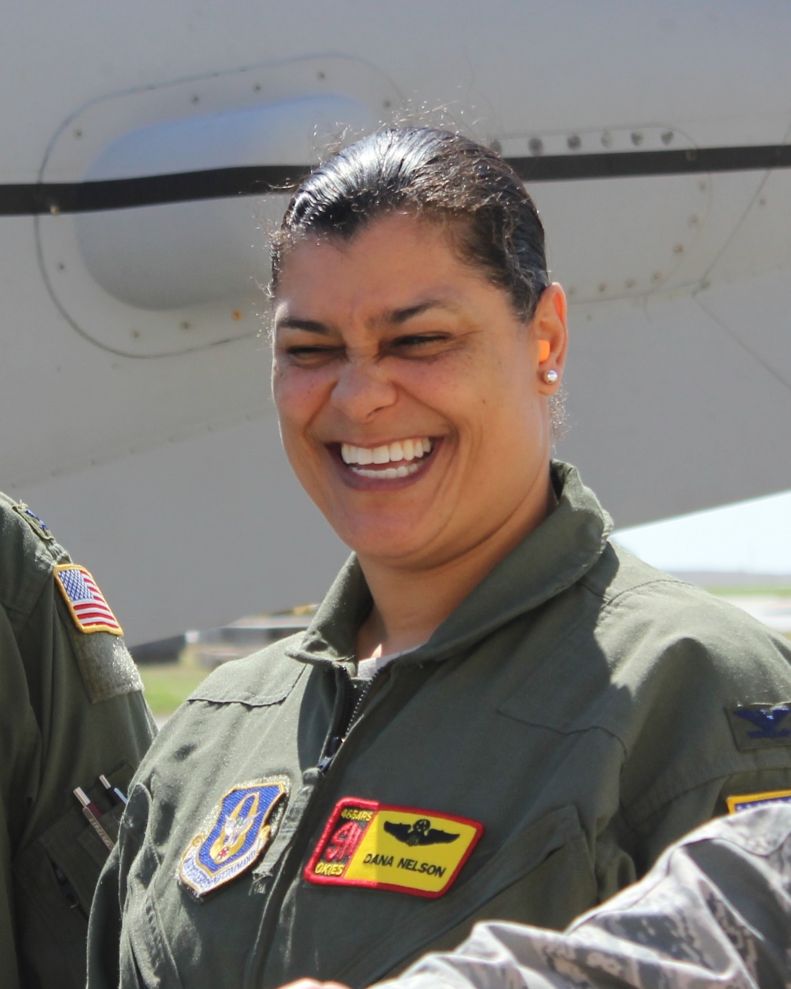 Col. Dana Nelson, 507th Air Refueling Wing vice commander, smiles as she greets the Air Mobility Command Inspector General Brigadier Gen. James A. Jacobson as he arrives for the Nuclear Operational Readiness Inspection March 22-29, 2017, at Tinker Air Force Base, Oklahoma. (U.S. Air Force photo by Senior Airman Callie McNary)