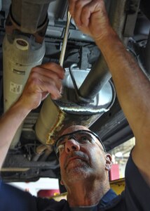 Frank Callahan, 502nd Logistics Readiness Squadron heavy equipment mechanic, performs maintenance on a government vehicle wearing proper safety gear at Joint Base San Antonio-Randolph, Texas. Eye injuries are an all-too-common occurrence in the United States, affecting more than 20,000 workers each year, according to U.S. Bureau of Labor statistics.