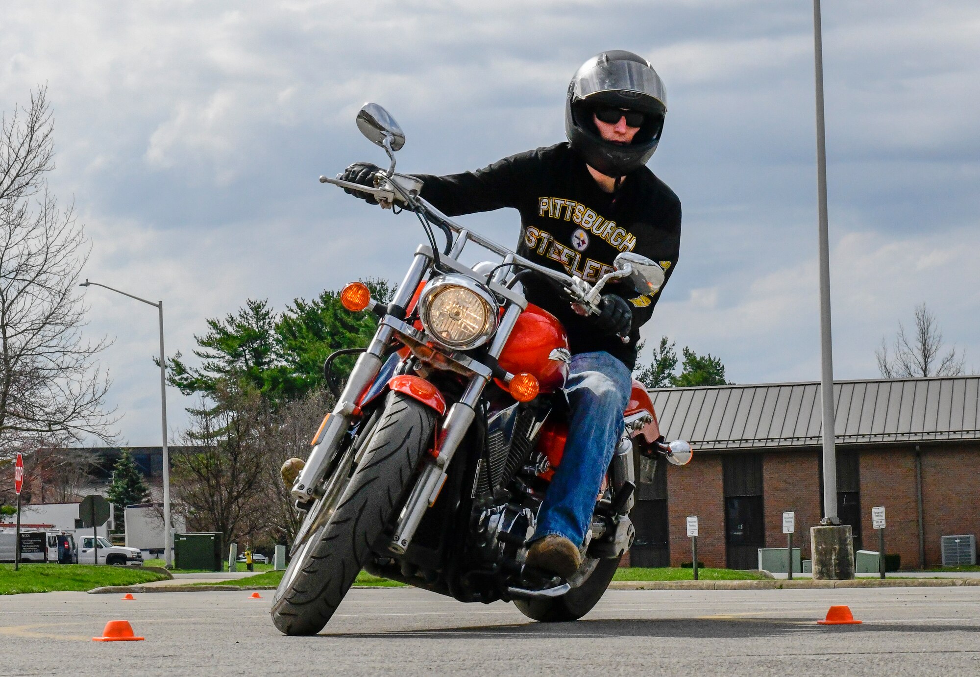 Matthew Edwards, a participant in the motorcycle safety class, practices his turning skills on April 12, 2019 at a parking lot in YARS.