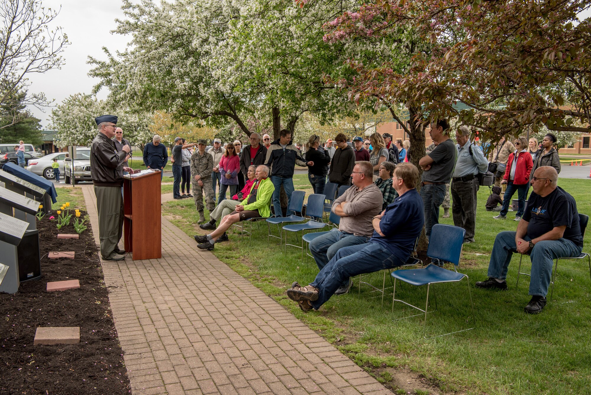 Col. David Mounkes, commander of the 123rd Airlift Wing, speaks at a ceremony honoring retirees at the Kentucky Air National Guard Base in Louisville, Ky., April 13, 2019. This year’s ceremony commemorates 30 Airmen who retired in 2018. (U.S. Air National Guard photo by Staff Sgt. Joshua Horton)