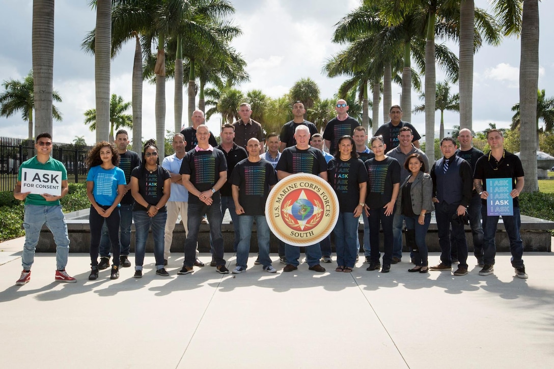 Members of U.S. Marine Corps Forces, South, show support for the 20th Annual Denim Day by wearing denim to raise awareness against sexual violence, April 26, 2019.