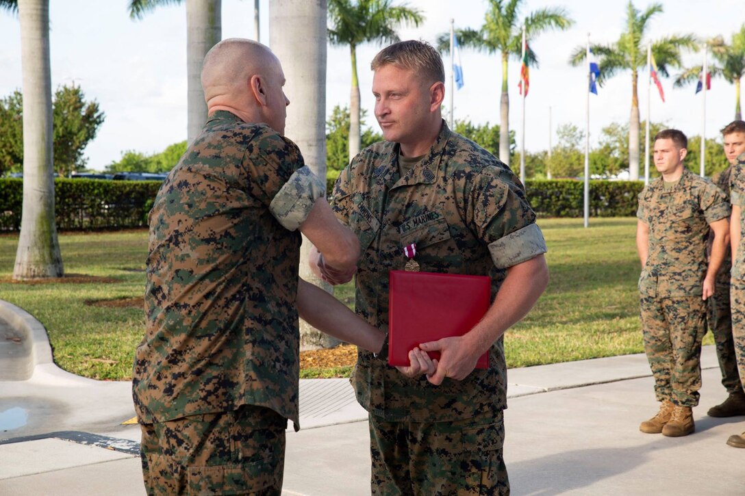 MSgt Nathen M. Emmons received the Meritorious Service Medal as his tour with U.S. Marine Corps Forces, South came to an end, April 30, 2019.