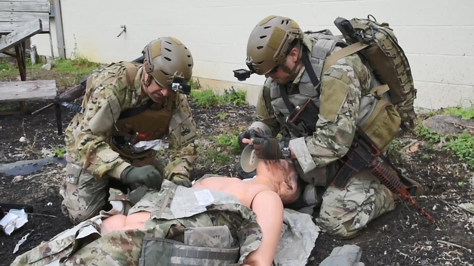 Instructors from the Tactical Combat Medical Care Course, or TCMCC,reenact a trauma scenario consisting of two segments - Care Under Fire and Tactical Field Care. The course is geared toward medical doctors, physician's assistants, nurses and senior medics in preparation for deployment to hostile environments. TCMCC prepares students for potential injuries and wounds they might encounter on the battlefield. The intense 5-day course is offered several times a year and is held at Joint Base San Antonio-Fort Sam Houston and JBSA-Camp Bullis.