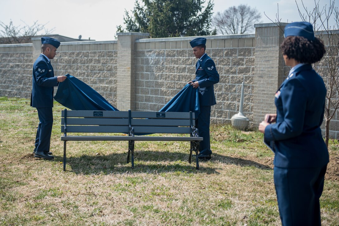 The 512th Memorial Affairs Squadron hosts a dedication ceremony for Senior Master Sgt. Antoinette Worthey, a 512th MAS senior leader, at Dover Air Force Base, Delaware, April 7, 2019. The 512th MAS devoted dogwood trees and a bench in remembrance of Worthey’s leadership and service. (U.S. Air Force photo by Staff Sgt. Damien Taylor)