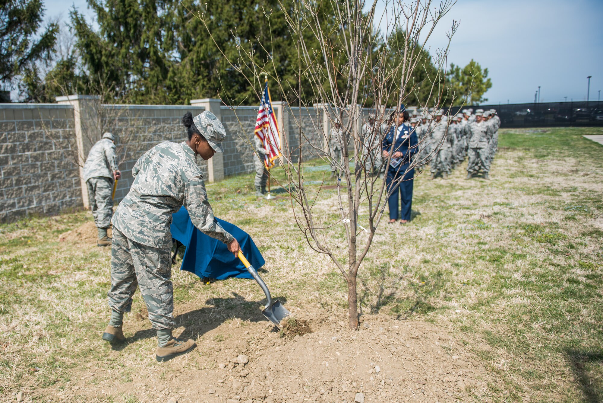 The 512th Memorial Affairs Squadron hosts a dedication ceremony for Senior Master Sgt. Antoinette Worthey, a 512th MAS senior leader, at Dover Air Force Base, Delaware, April 7, 2019. The 512th MAS devoted dogwood trees and a bench in remembrance of Worthey’s leadership and service. (U.S. Air Force photo by Staff Sgt. Damien Taylor)