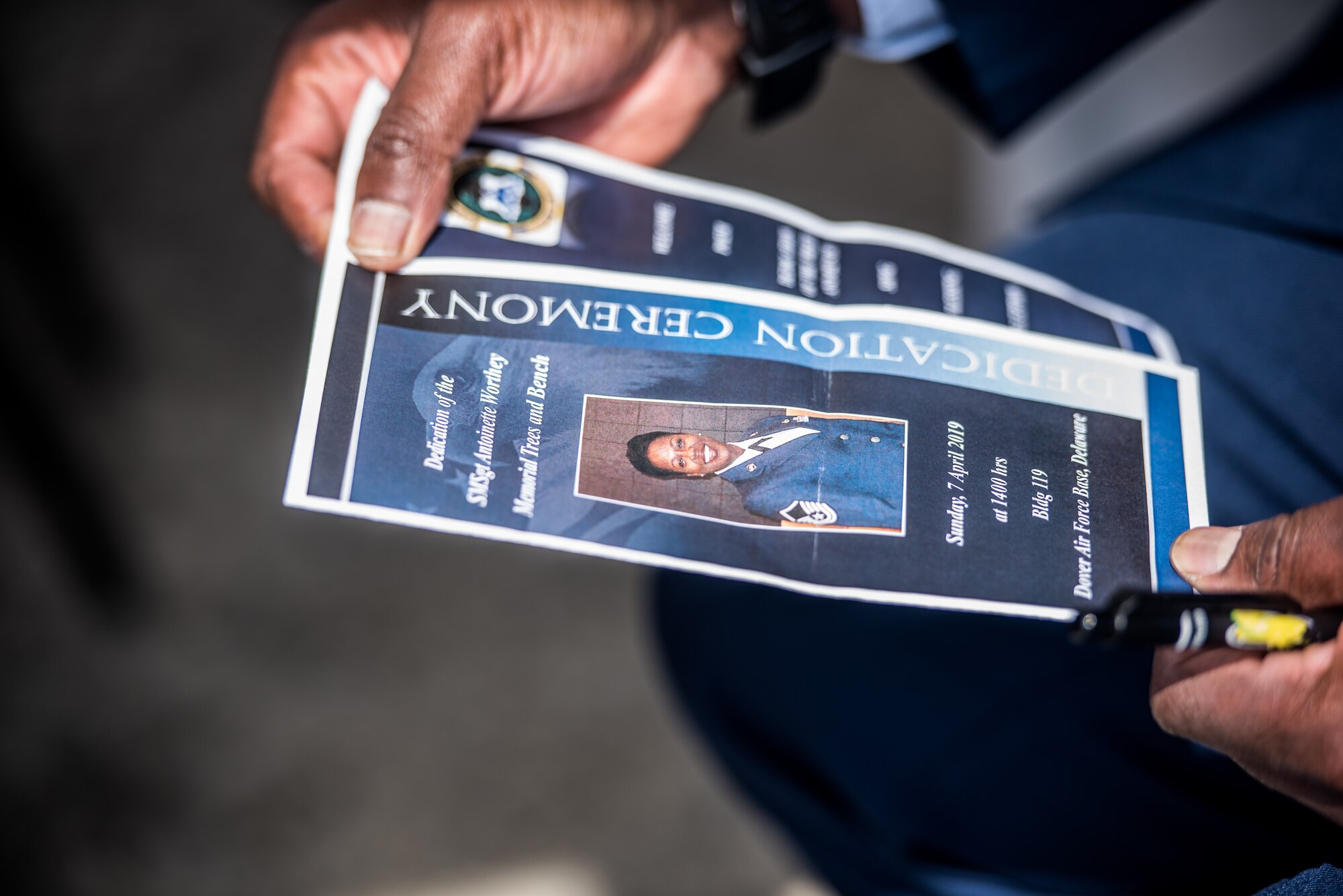 The 512th Memorial Affairs Squadron hosts a dedication ceremony for Senior Master Sgt. Antoinette Worthey, a 512th MAS senior leader, at Dover Air Force Base, Delaware, April 7, 2019. The 512th MAS devoted dogwood trees and a bench in remembrance of Worthey’s leadership and service. (U.S. Air Force photo by Staff Sgt. Damien Taylor)