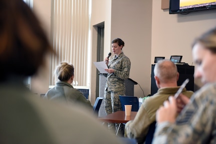 1st Lt. Ashley Chapa, director of equal opportunity, assigned to the Ohio National Guard’s 180th Fighter Wing, educates unit members on the importance of work-life balance during a special seminar held at the wing, March 3, 2019. Growing up in a home where education was valued, Chapa intended to make teaching a career, but it was her dream to serve her country that came first. Now she has the best of both worlds, teaching America’s youth as an intervention specialist at Liberty Center Elementary School and teaching her fellow Airmen.