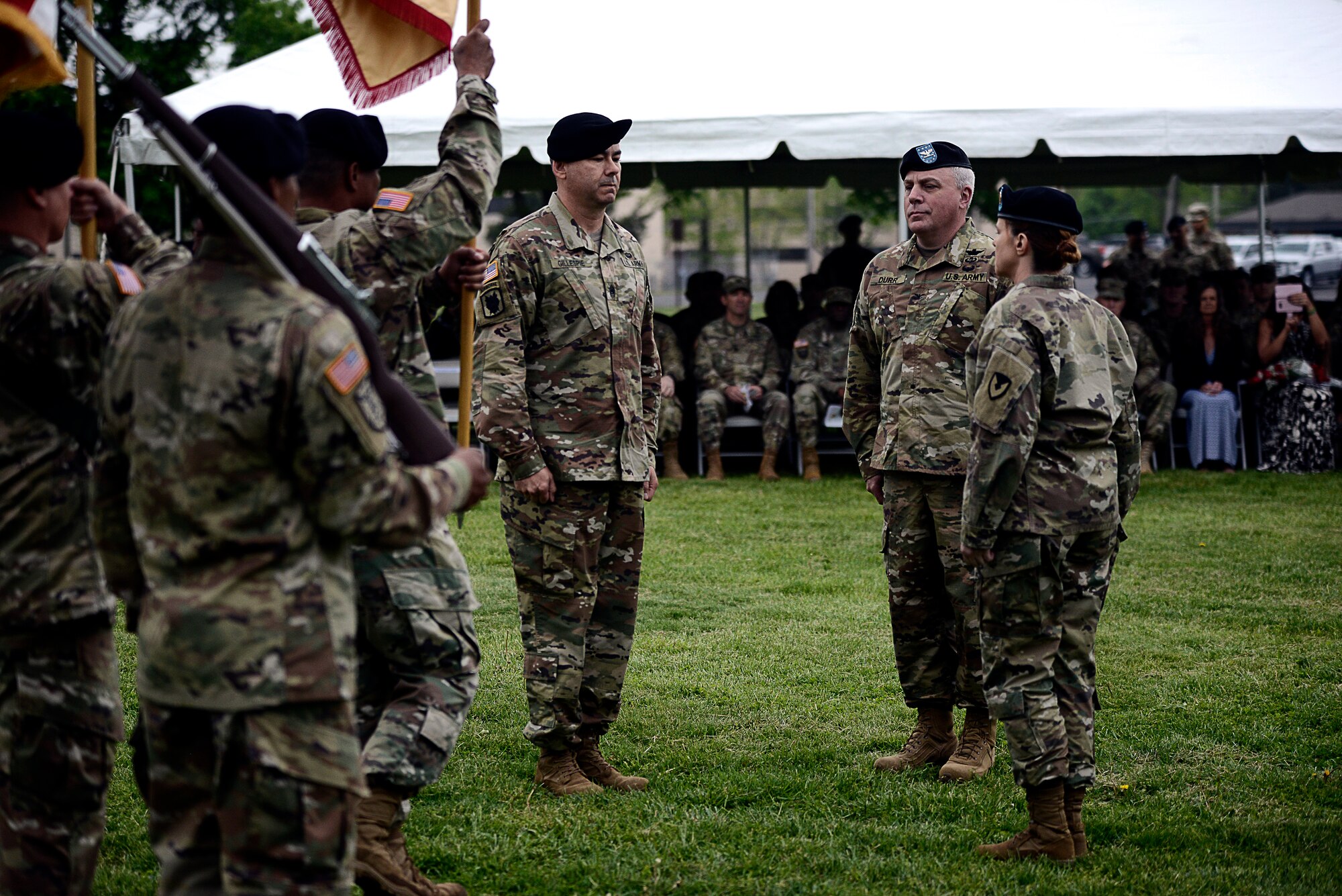 U.S. Army Command Sgt. Maj. Randy W. Gillespie, U.S. Army Support Activity-Fort Dix senior enlisted leader, prepares to relinquish responsibility to Command Sgt. Maj. Tamara A. Edwards during a change of responsibility ceremony at Joint Base McGuire-Dix-Lakehurst, New Jersey, April 30, 2019. Edwards will serve alongside Col. Charles W. Durr, USASA-Fort Dix commander, to provide counsel on how to train and prepare Soldiers to accomplish their mission. (U.S. Air Force photo by Tech. Sgt. Austin Knox)