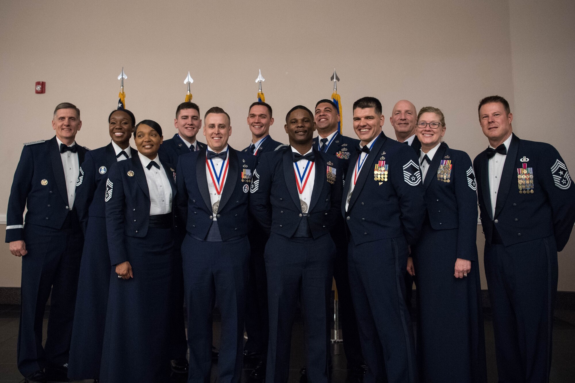 Air Force Global Strike Command’s six Outstanding Airmen of the Year award winners pose with other Airmen from AFGSC at the AFGSC Outstanding Airmen of the Year award ceremony April 15, 2019, at Barksdale Air Force Base, La. The ceremony was hosted in honor of six Airmen who were selected as the most outstanding Airmen throughout AFGSC. (U.S. Air Force photo by Airman Jacob B. Wrightsman)