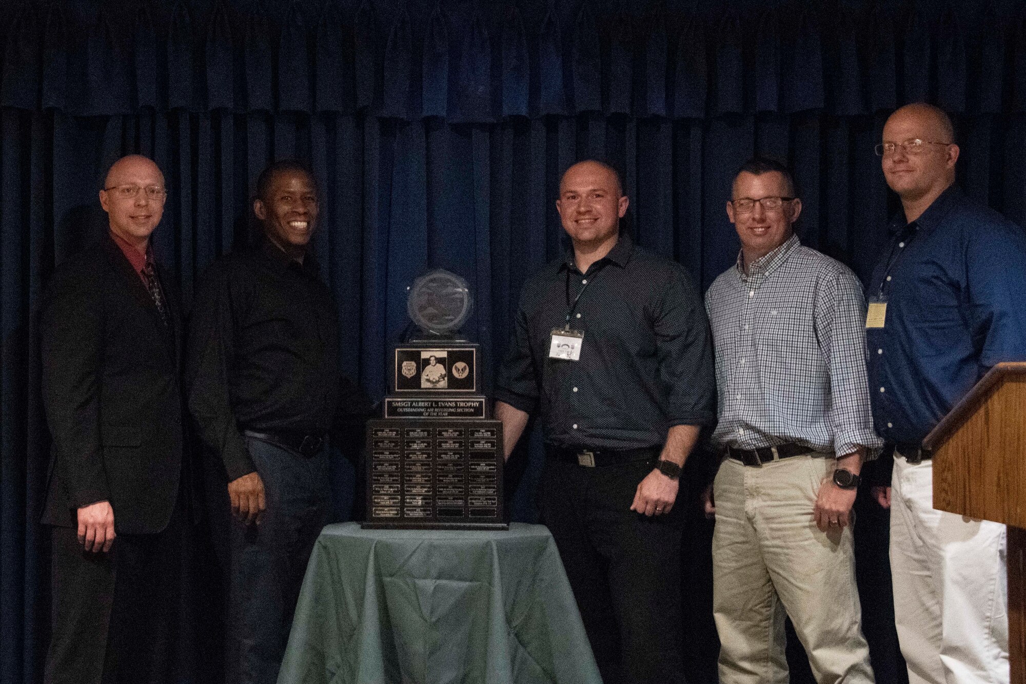 Members of the 349th Air Refueling Squadron (McConnell Air Force Base, Kan.), pose after winning the Senior Master Sgt. Albert L. Evans Memorial Trophy,