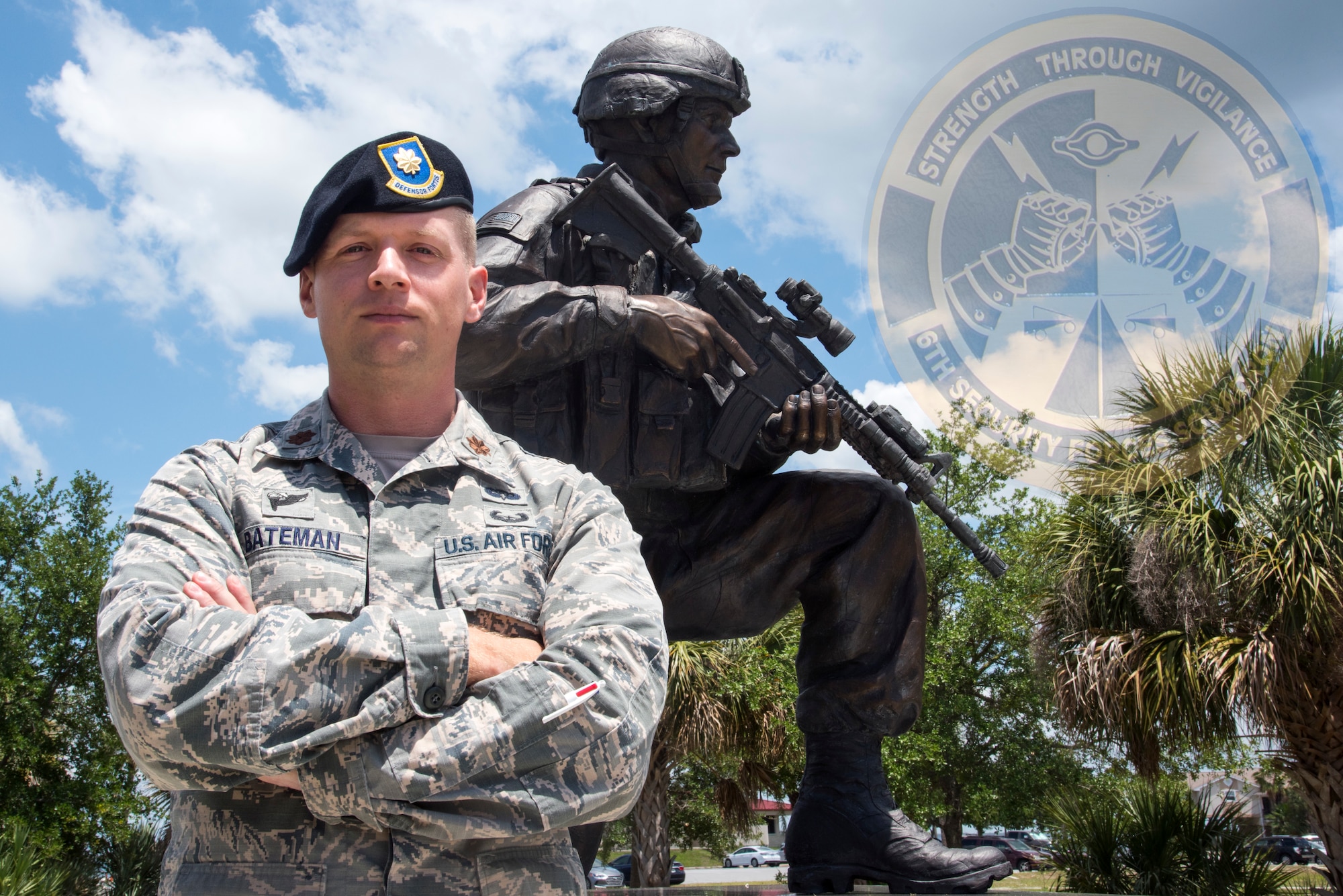 U.S. Air Force Maj. Jay Bateman, the 6th Security Forces Squadron Director of Operations, poses for a photo by the Helton Hall statue at MacDill Air Force Base, Fla., May 2, 2019.