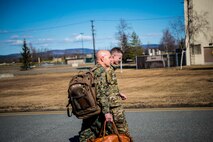 U.S. Marine Corps Lt. Gen. David Berger, Marine Corps Combat Development Command commanding general, speaks with U.S. Air Force Col. Benjamin Bishop, 354th Fighter Wing commander, during a visit to Eielson Air Force Base, Alaska, April 26, 2019. Berger toured different locations in of Alaska that comprise of the Joint Pacific Alaska Range Complex. (U.S. Air Force photo by Senior Airman Isaac Johnson)
