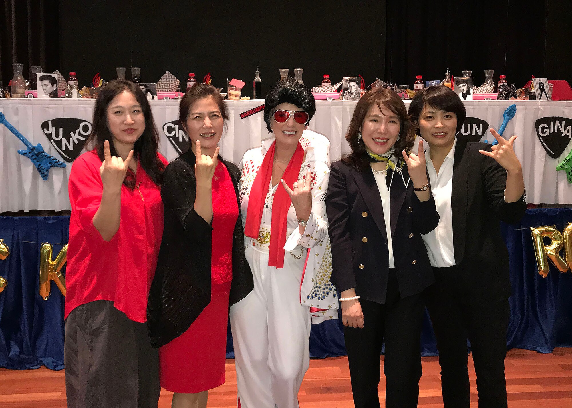 Cindy Wilsbach (center), spouse of Lt. Gen. Kenneth Wilsbach, Seventh Air Force commander poses with Chang, Yun-Jung (center-right), spouse of the Lt. Gen. Keon Wan Lee, Republic of Korea Air Force Operations Center commander and other Korean spouses during the inaugural Osan Spouses’ Dining-in at Osan Air Base, ROK April 27. 7th AF and 51st Fighter Wing senior leader spouses co-hosted the bilateral event to strengthen the Alliance, while also extending military traditions to those who don't wear the uniform. The event honored the service and sacrifices spouse make to the mission and served as an early celebration for Military Spouse Appreciation Day on May 10. (Courtesy Photo)