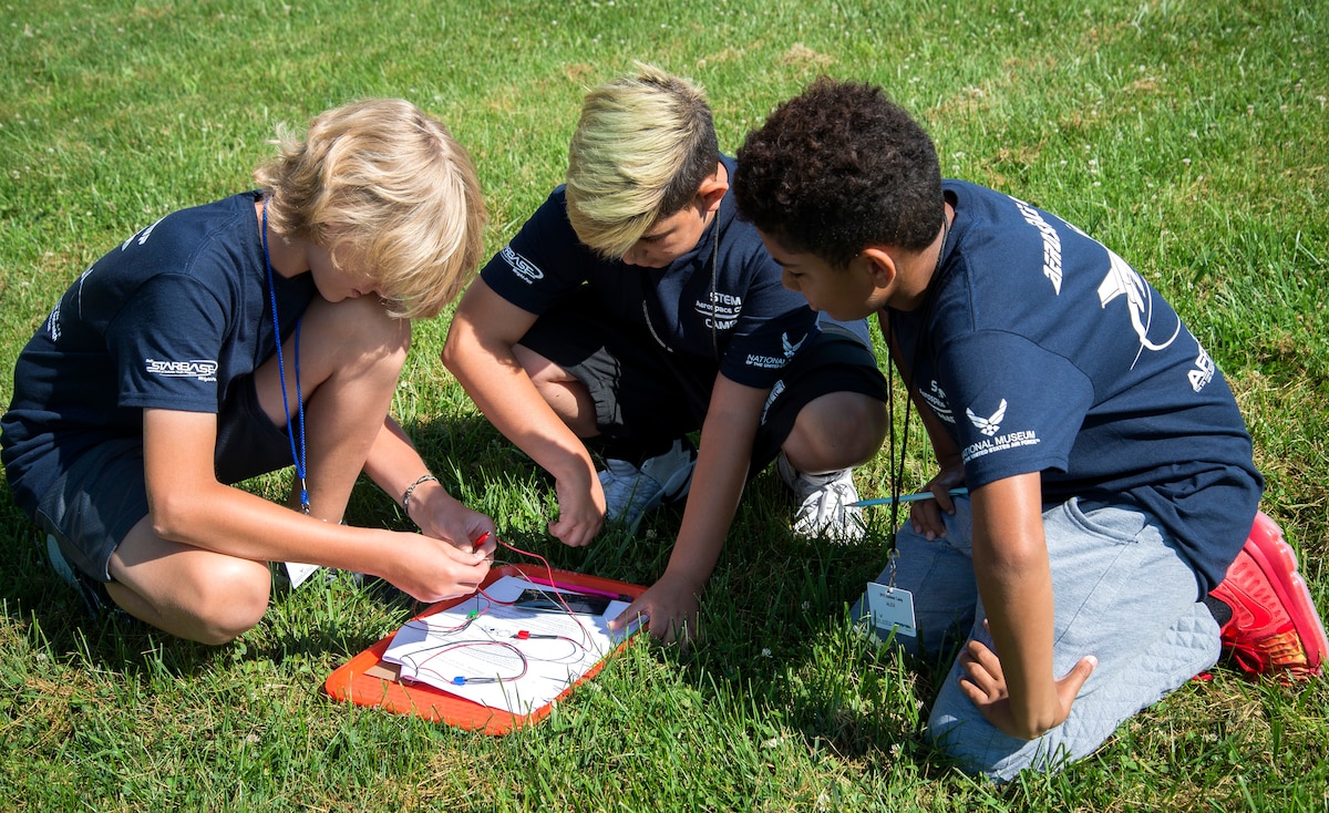 From left, STEM Aerospace campers Sam Theil, Rylen Dellinger and Alex Grubb explore solar energy in a hands on activity at a two-day STARBASE camp July 11, 2018. (U.S. Air Force photo by Karina Brady)