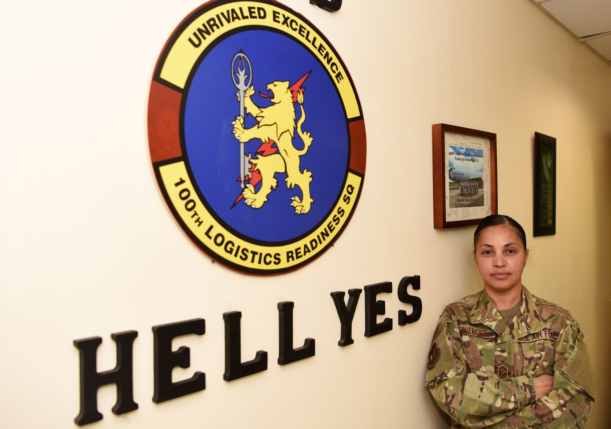 U.S. Air Force Senior Master Sgt. Arwa Cavender, 100th Logistics Readiness Squadron first sergeant, poses for a photo at RAF Mildenhall, England, April 4, 2019. Cavender, who began her career at Maxwell Air Force Base, Alabama as a medical administrator, has been a first sergeant at both Holloman Air Force Base, New Mexico and RAF Mildenhall. (U.S. Air Force photo by Airman 1st Class Brandon Esau)