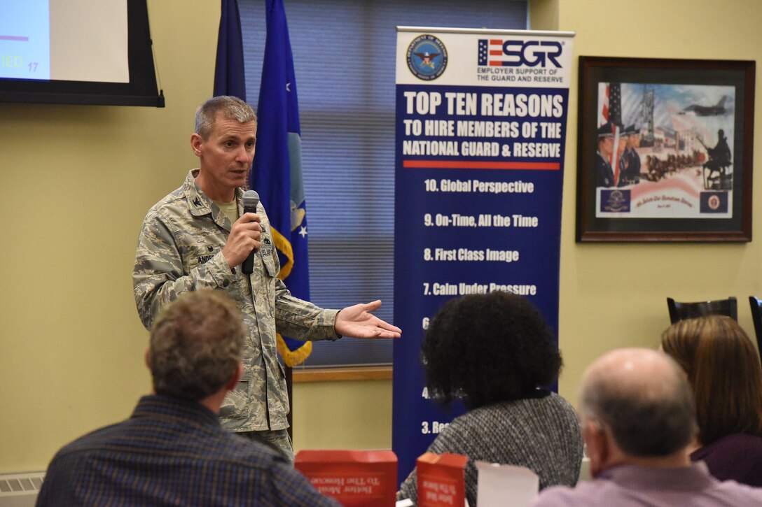 Col. Darrin Anderson, the 119th Wing commander, gives an informational briefing to civilian employers of unit members to thank the employers for their support and to inform the employers about the benefits of hiring a Guard member at the North Dakota Air National Guard Base, Fargo, N.D., May 1, 2019.