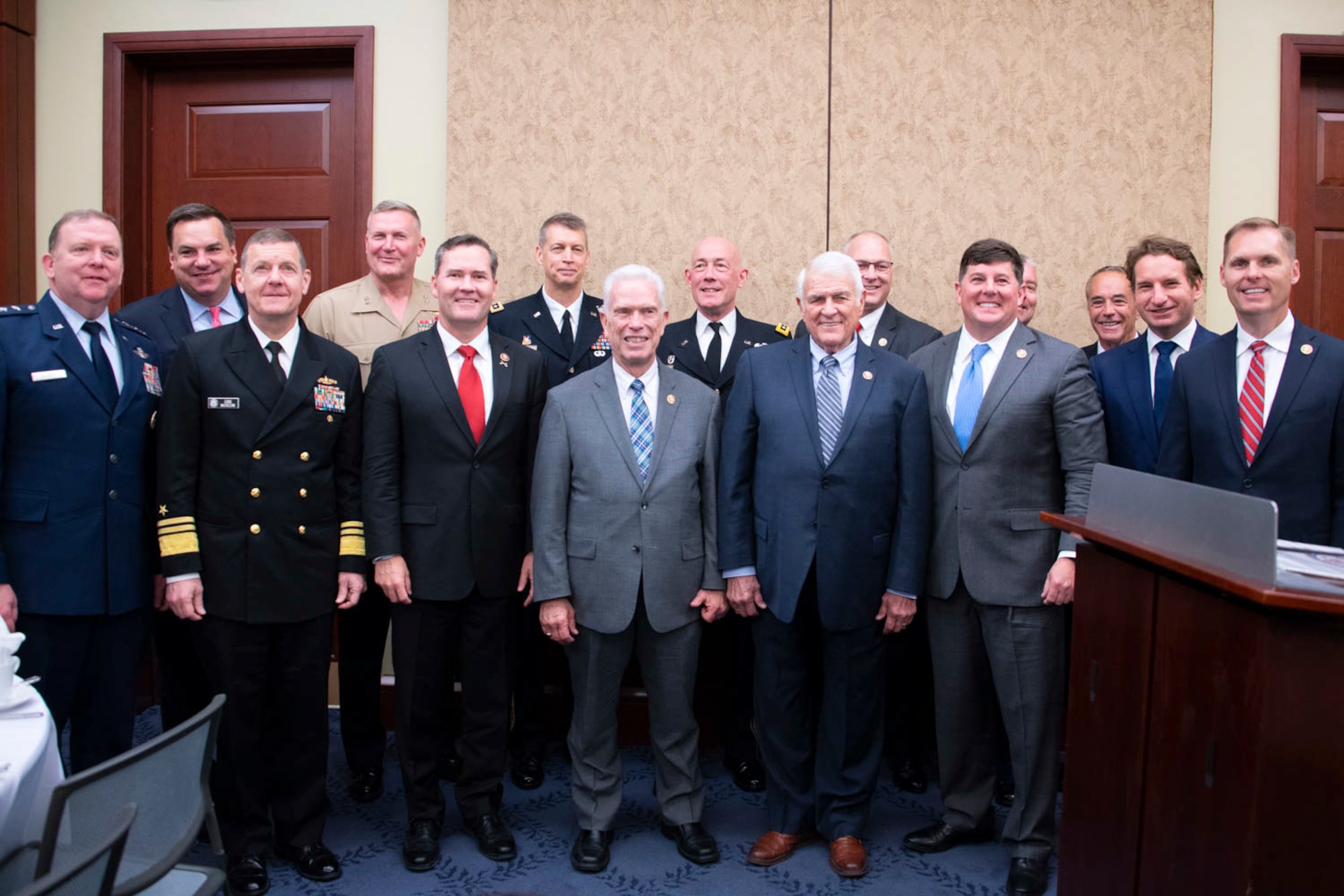 Service components chiefs, designated representatives and caucus members, pose for a photo at the House National Guard and Reserve Component Caucus Breakfast at the U.S. Capitol, Washington D.C., April 30, 2019. The NGRCC is one of the largest in Congress and was created in 1996 to ensure National Guard and Reserve components have the tools, training, equipment and leadership they require to complete their missions. (U.S. Air Force photo by SrA Andreaa Phillips)