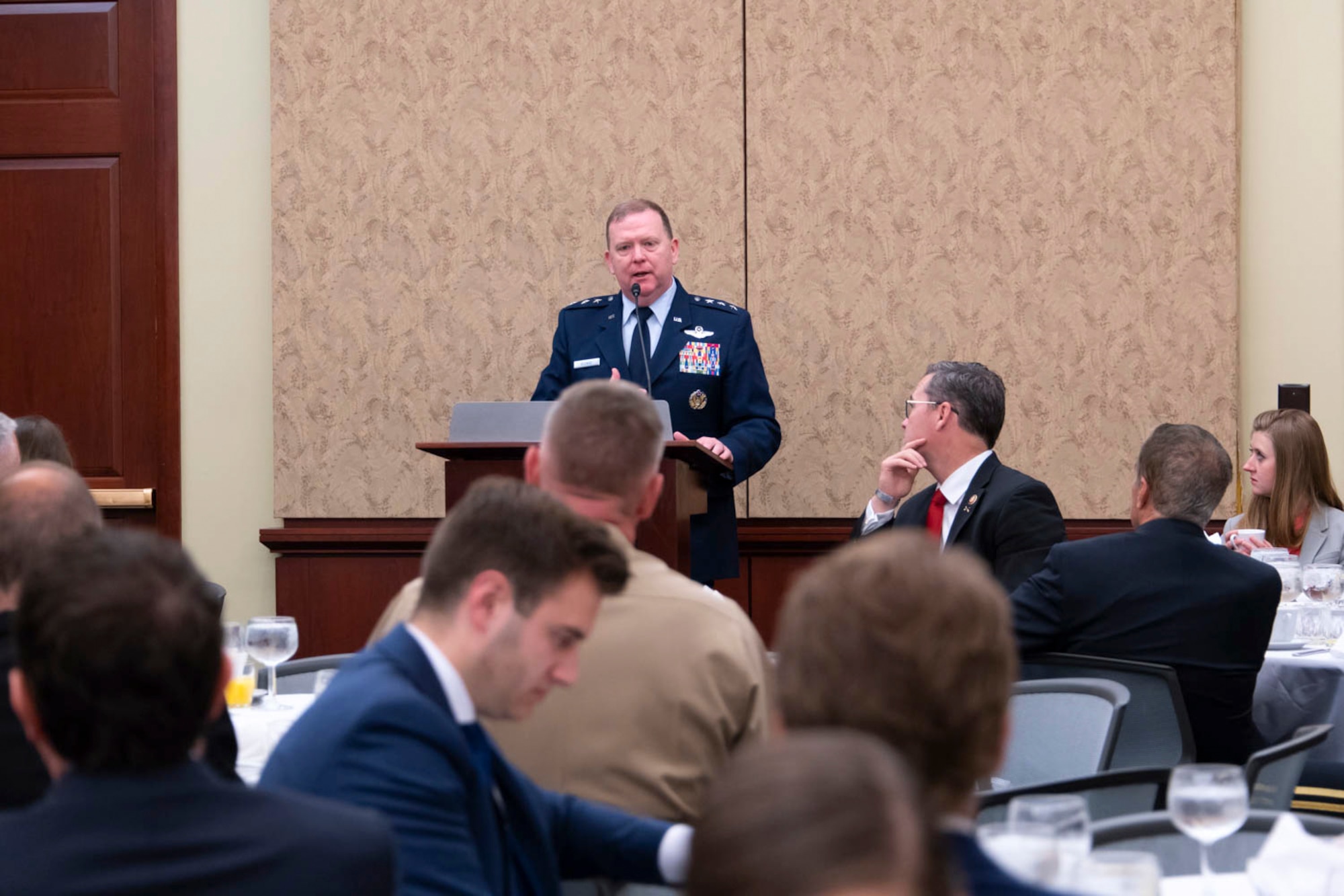 Lt. Gen. Richard W. Scobee, Chief of Air Force Reserve, Headquarters U.S. Air Force, Washington, D.C., and Commander, Air Force Reserve Command, Robins Air Force Base, Georgia, speaks to the audience at the House National Guard and Reserve Component Caucus Breakfast at the U.S. Capitol, Washington D.C., April 30, 2019. Senior leaders from each component discussed their top issues and Scobee highlighted the importance of retaining Airmen in today’s Air Force Reserve. (U.S. Air Force photo by SrA Andreaa Phillips)