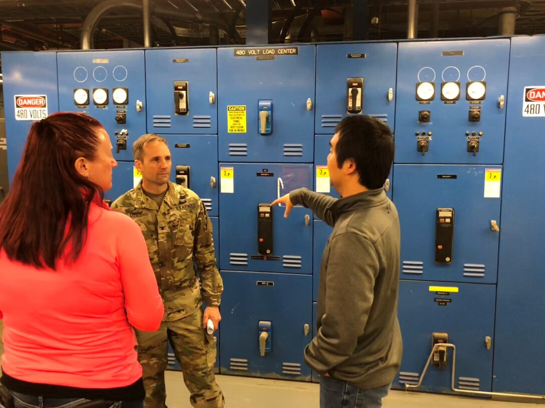 U.S. Army Corps of Engineers, Alaska District Electrical Engineer Zachary Sam talks explains work assessing switch boxes Wednesday April 24, 2019 to U.S. Army Corps of Engineers, Baltimore District Project Manager Brenda Barber and Baltimore District Commander Col. John Litz at the facility where the final decommissioning of the SM-1A deactivated nuclear power plant will take place. Part of the effort will involve segregating components of the co-located, still operational steam plant from where the decommissioning will take place. U.S. Army Corps of Engineers, Baltimore District, with its Radiological Center of Expertise, and Alaska District personnel are working together closely in partnership on the SM-1A decommissioning at Fort Greely in Alaska.
