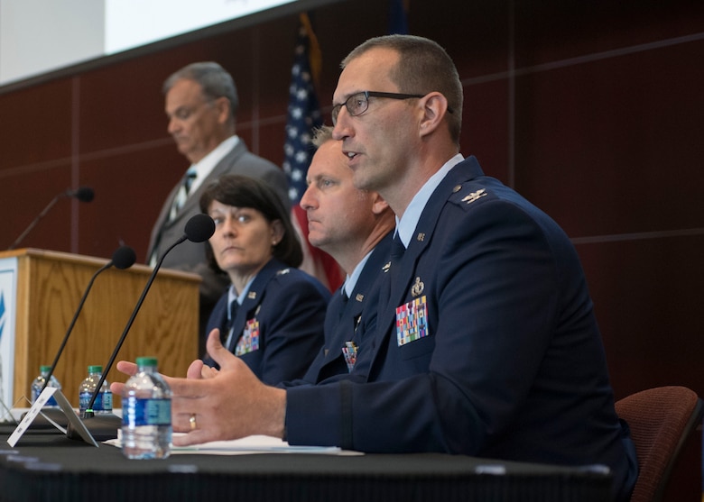 Col. Brent Hyden, Tyndall Program Management Office director at Tyndall Air Force Base, Florida, answers a question from one of the more than 500 attendees at an industry day May 2, 2019. at Florida State University-Panama City. Air Force leaders presented briefings and held a panel discussion to update industry representatives about the rebuilding to date and future plans for the base, which was devastated by Hurricane Michael Oct. 10, 2018. (U.S. Air Force photo by Airman 1st Class Monica Roybal)