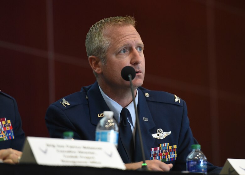Col. Brian Laidlaw, 325th Fighter Wing Commander, participates in a panel discussion with other Air Force leader during the second Tyndall Industry Day May 2, 2019, in Panama City, Florida. Laidlaw also provided a state-of-the-installation briefing to more than 500 attendees interested in partnering with the Air Force to rebuild the base that was destroyed by Hurricane Michael Oct. 10, 2018. (U.S. Air Force photo by Airman 1st Class Monica Roybal)